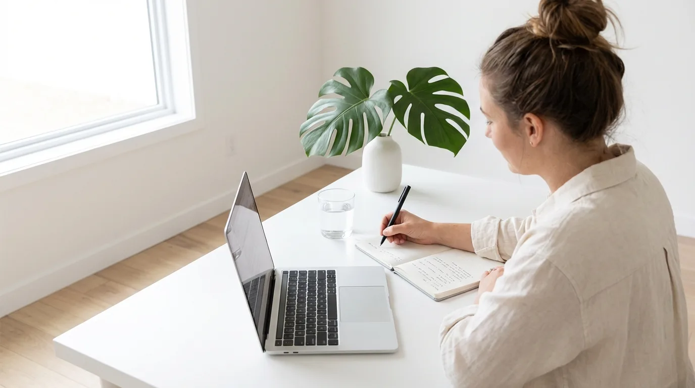 Bureau baigné de lumière naturelle avec documents de paie et ordinateur portable
