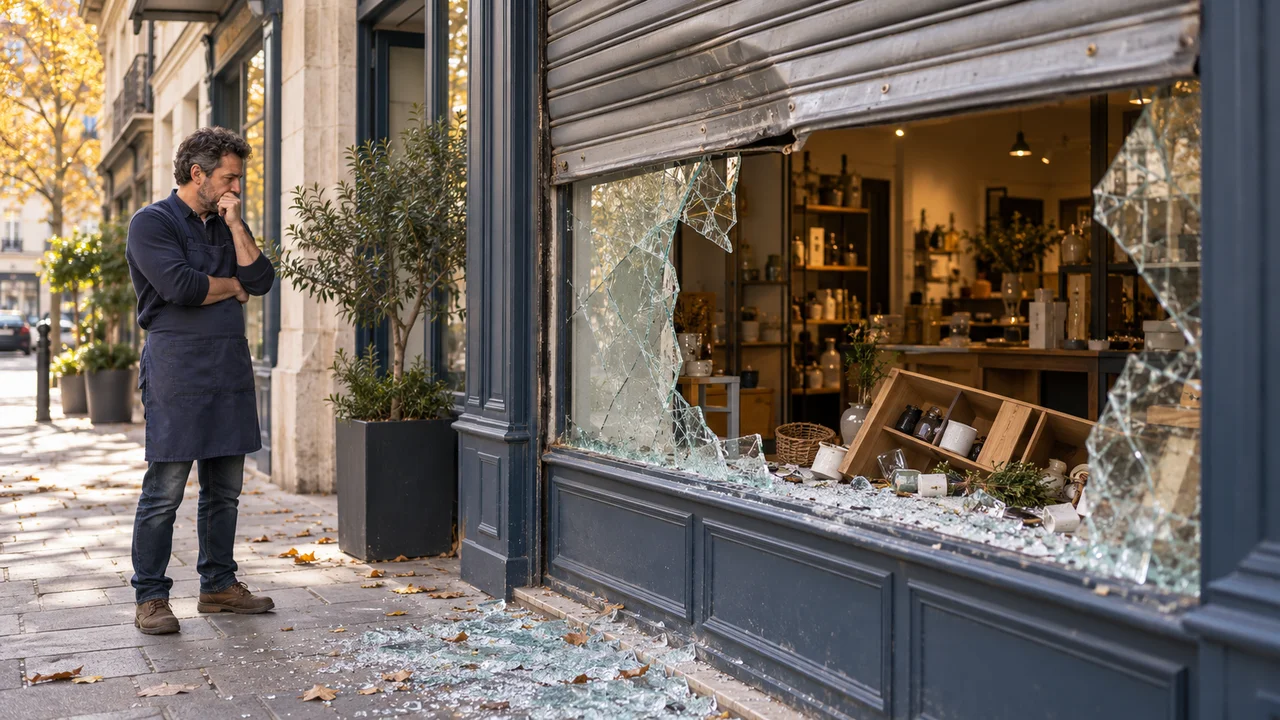 Illustration fictive d’un commerçant devant une vitrine brisée et un rideau métallique endommagé.