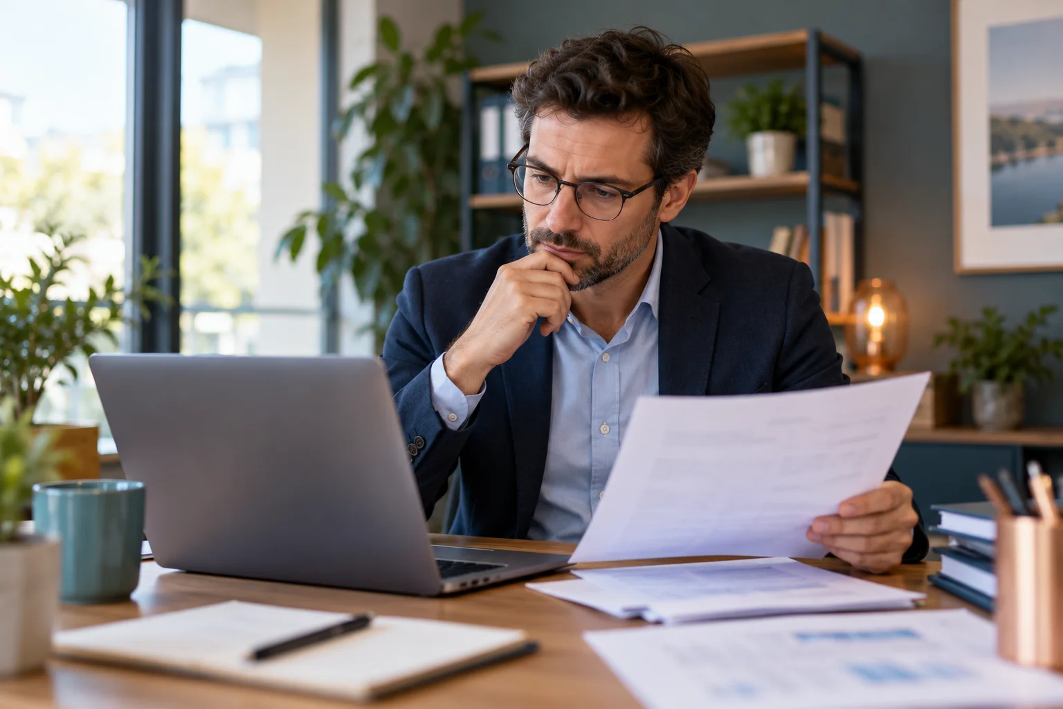 Un dirigeant examine des documents administratifs devant son ordinateur.