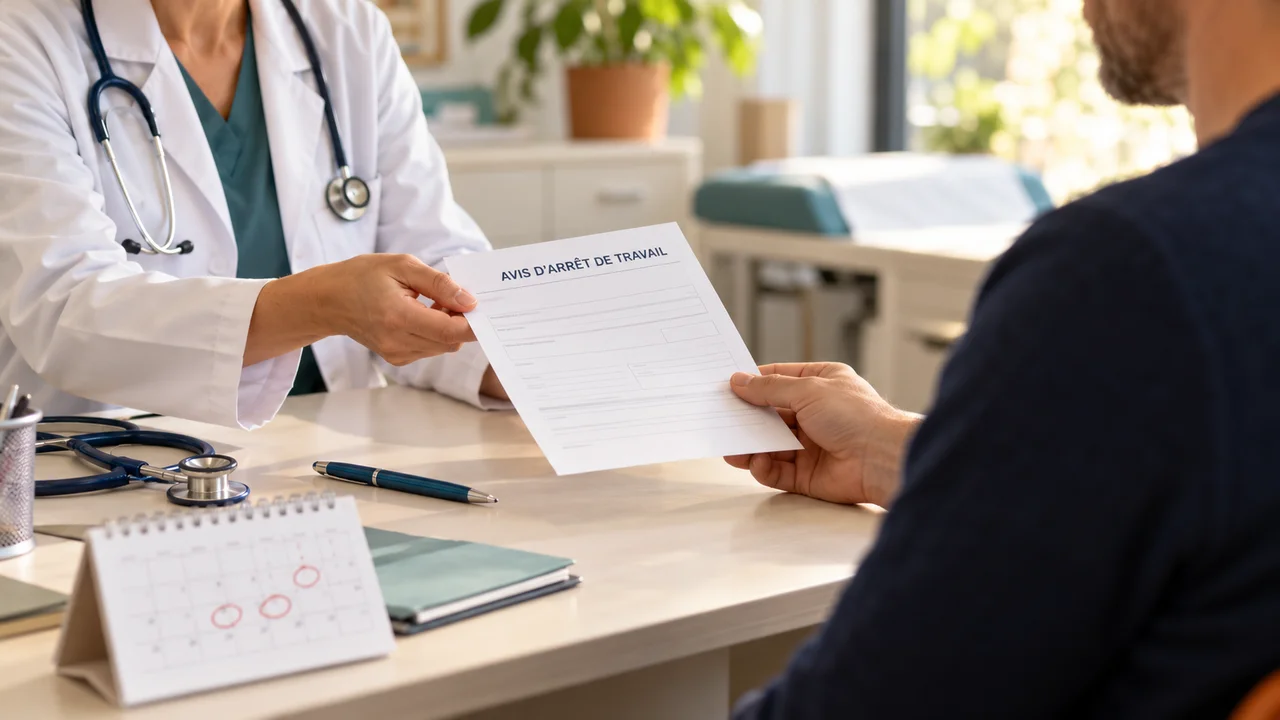 Illustration fictive : un médecin remet un avis d’arrêt de travail à un patient, avec un calendrier sur le bureau.