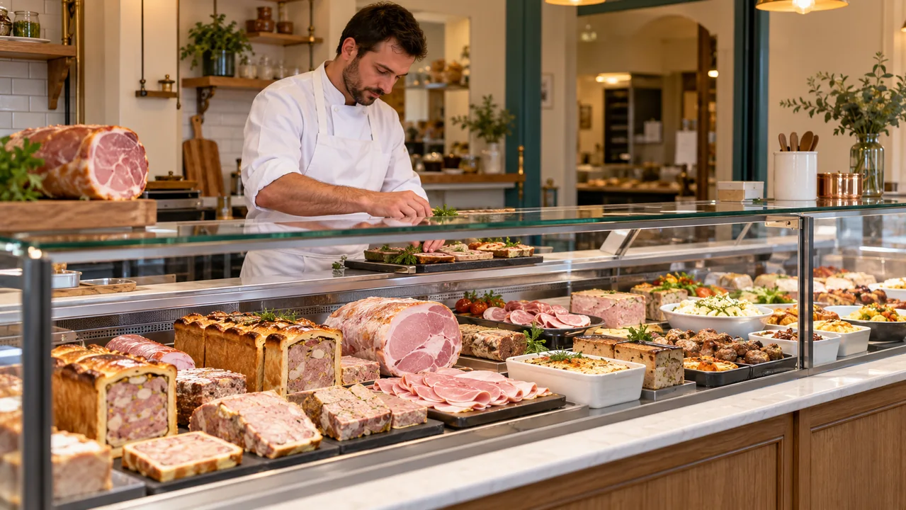 Illustration d’un charcutier-traiteur préparant une vitrine de terrines, pâtés en croûte et plats cuisinés.