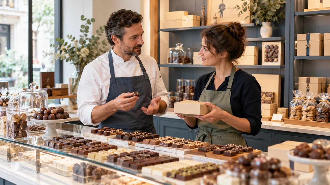 Illustration de deux professionnels dans une boutique de chocolats artisanaux.