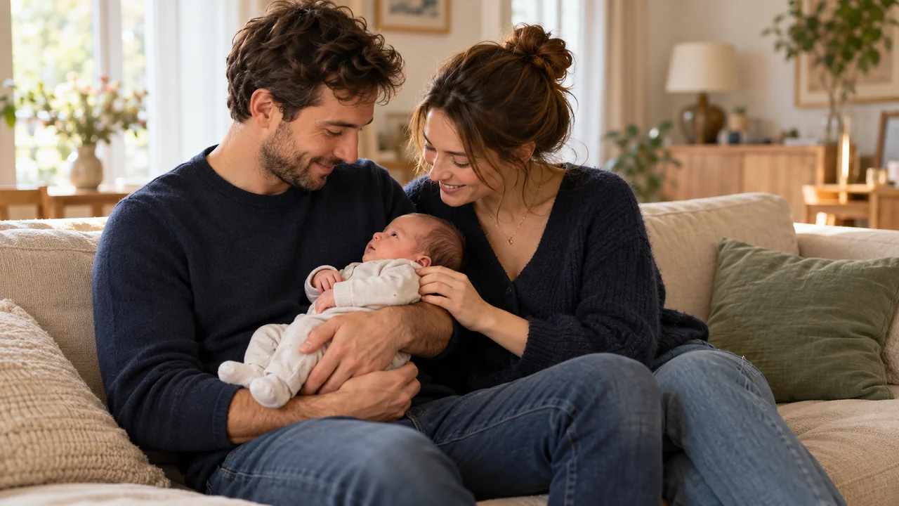 Illustration fictive de deux parents avec leur nouveau-né à leur domicile.