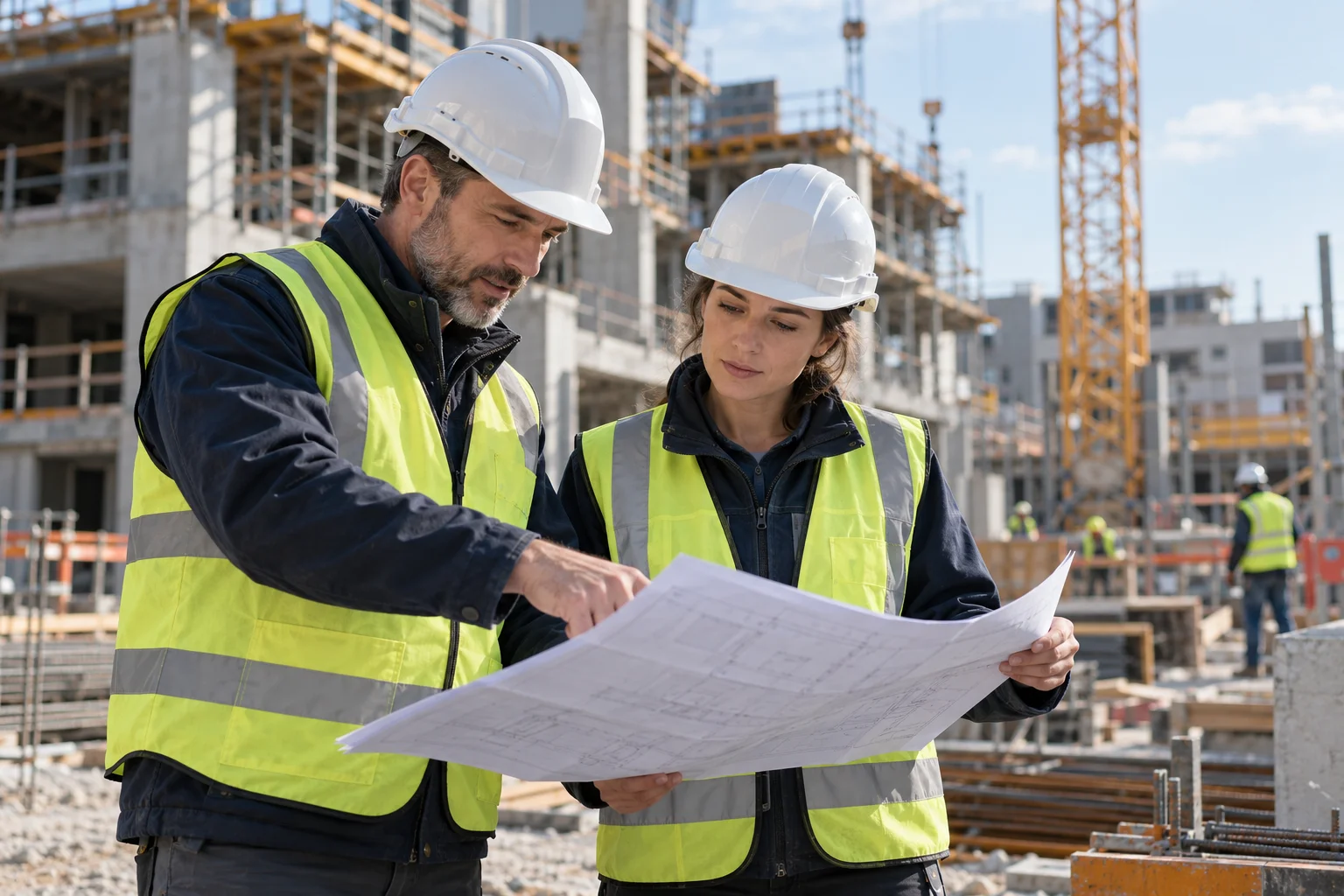 Deux professionnels en équipement de protection examinent des plans sur un chantier.