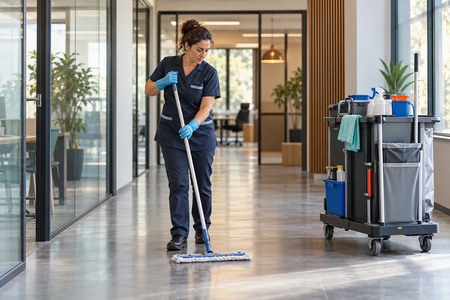 Une professionnelle de la propreté nettoie le sol de bureaux avec un chariot de matériel.