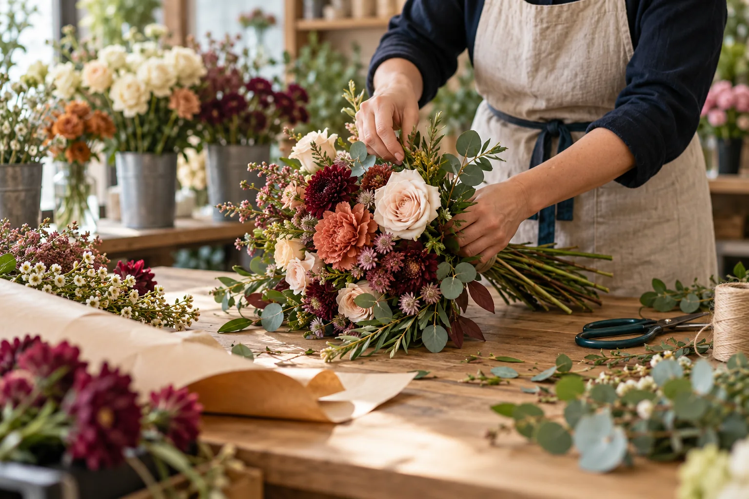 Illustration d’un bouquet en préparation sur le plan de travail d’un atelier de fleuriste.