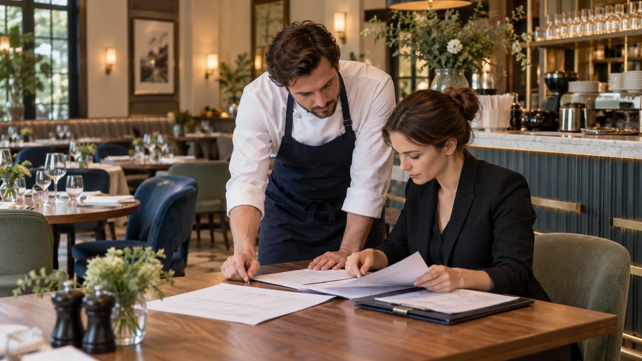 Illustration de professionnels dans un restaurant, autour de documents de travail.