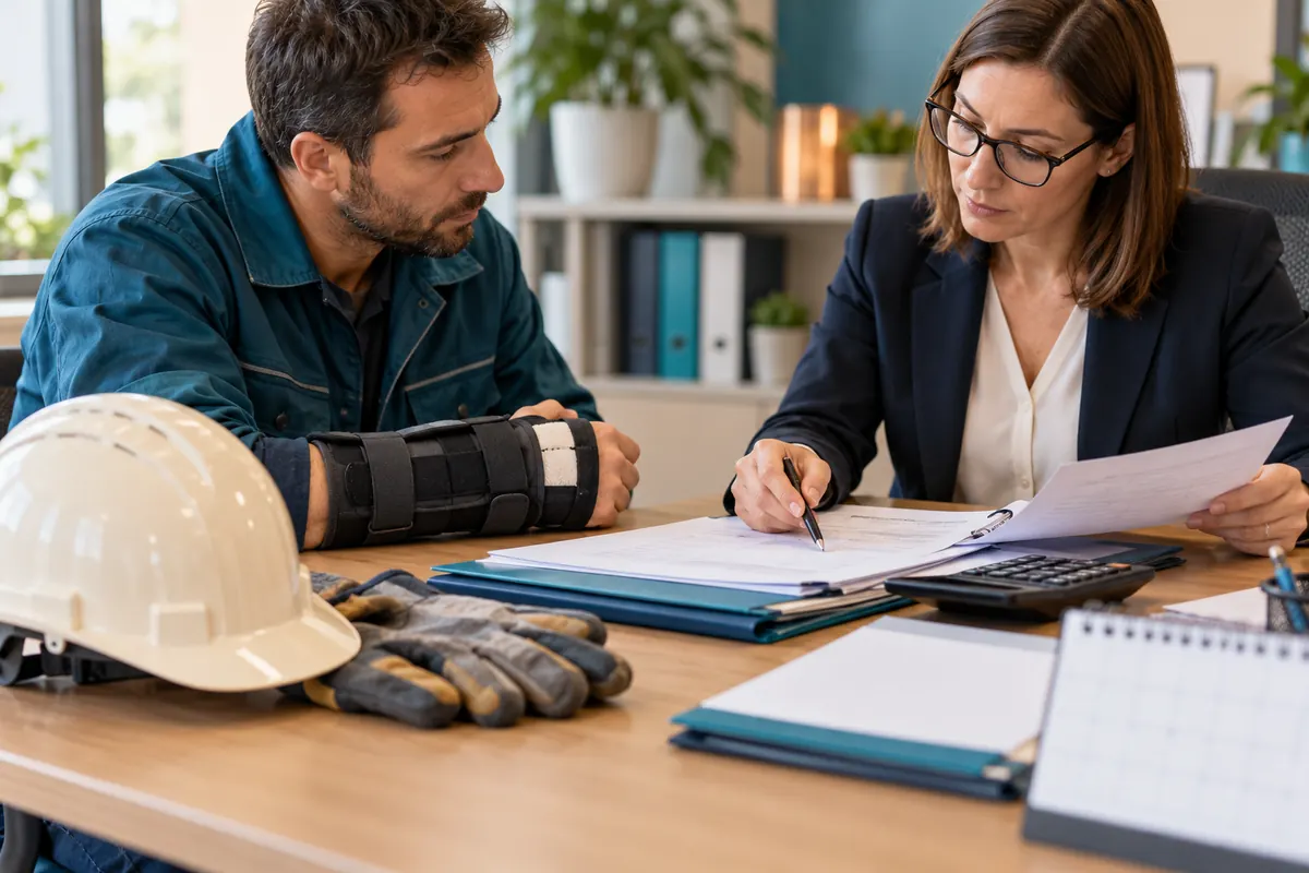 Un salarié en tenue de travail, avec une attelle au bras et un casque, échange avec une professionnelle sur son dossier d’indemnisation.