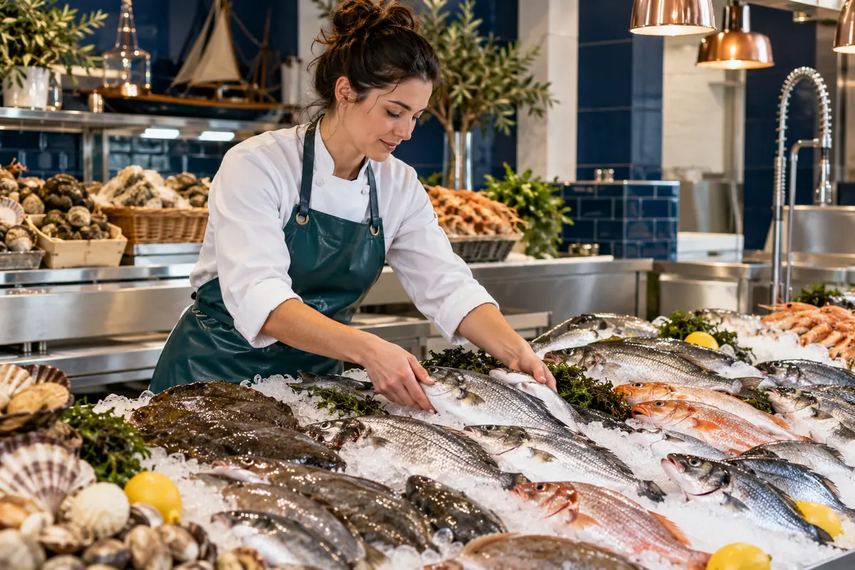 Une professionnelle de la poissonnerie dispose les poissons et produits de la mer sur un étal de glace.