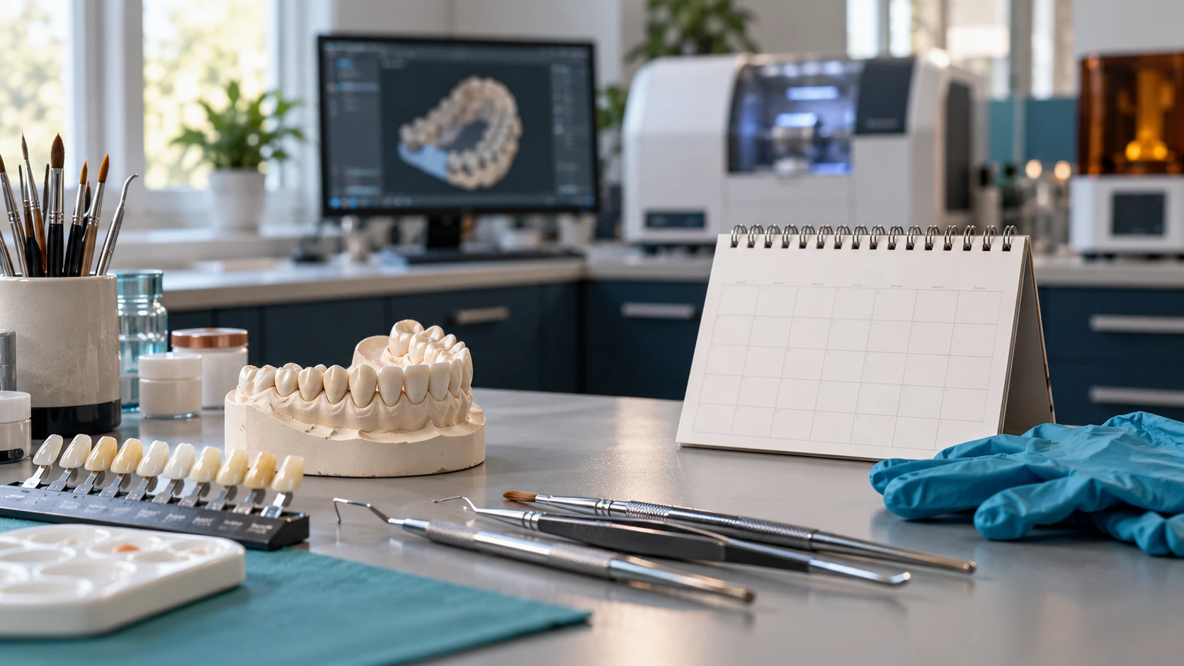 Établi de laboratoire de prothèse dentaire avec modèle dentaire, instruments et calendrier