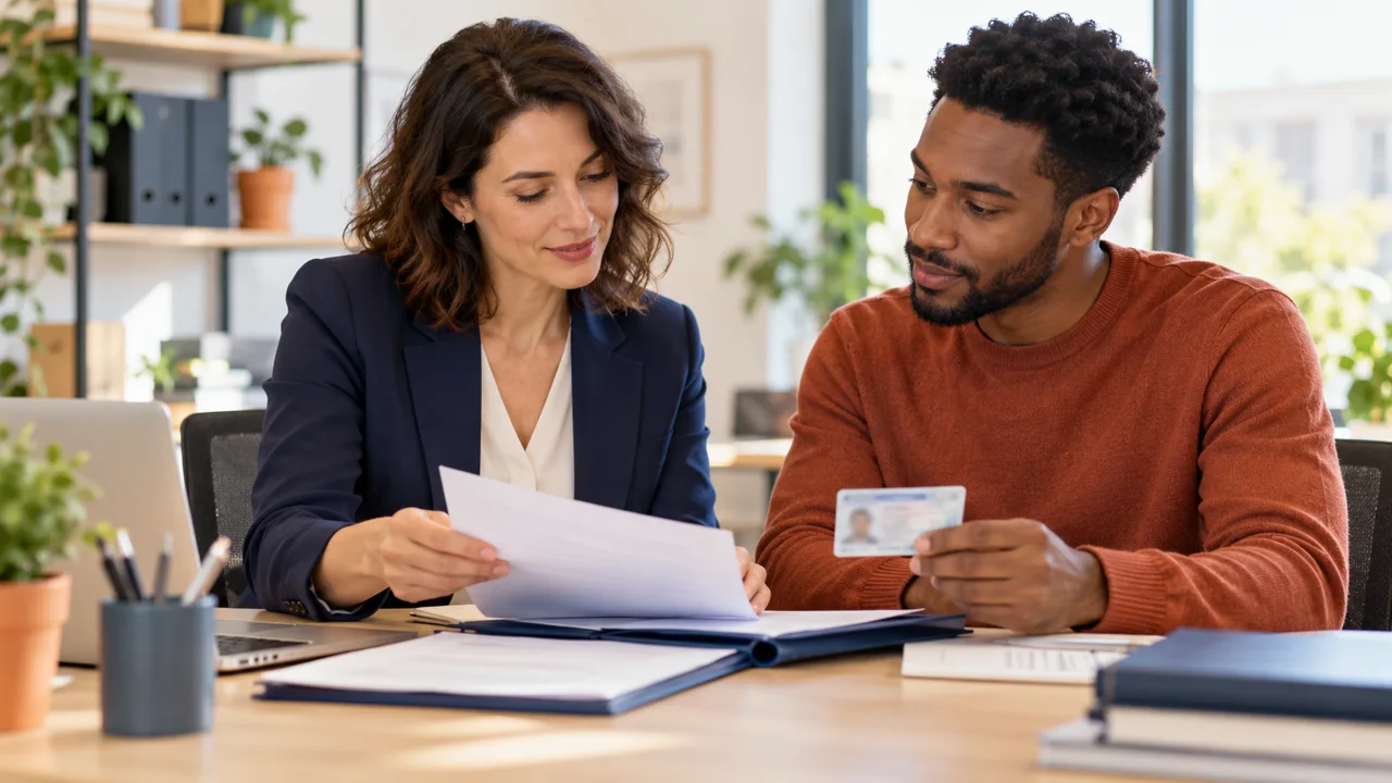 Illustration fictive : vérification des documents d’embauche entre une professionnelle RH et un salarié.